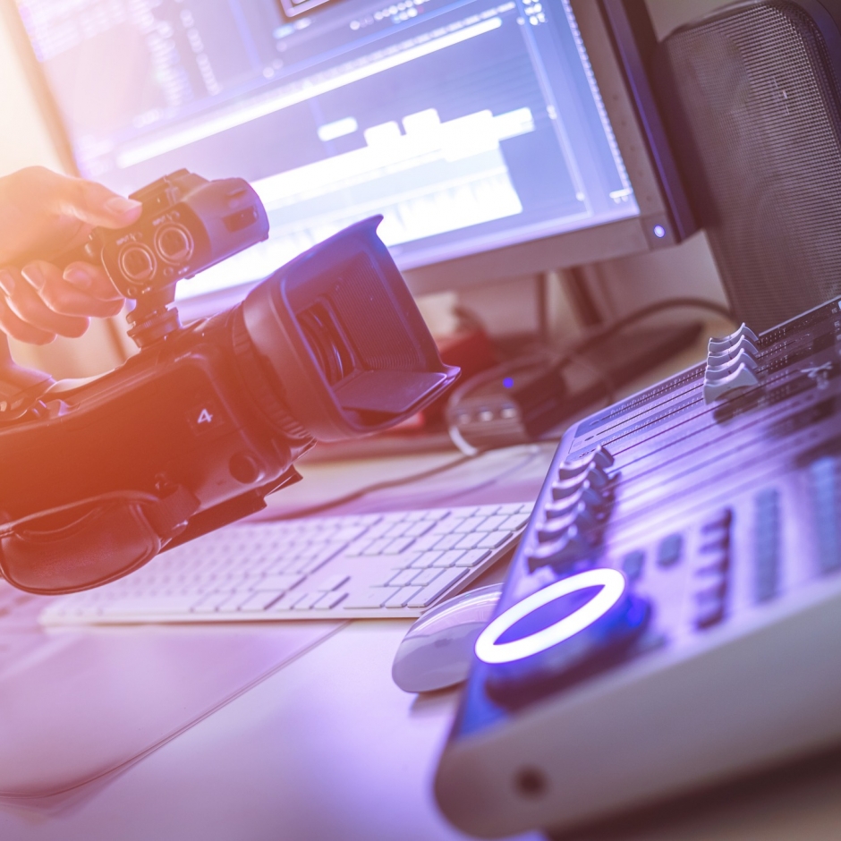 Video editing, recording and cutting room with monitors, camera and sound mixing desk
